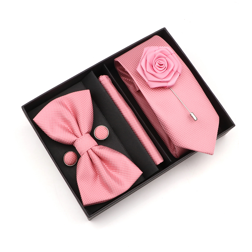 Solid Color Slim Plaid Ties Set With Box Purple Pink Bowties Handkerchiefs Brooches Cufflinks For Wedding Suit Accessories Gifts 950fb