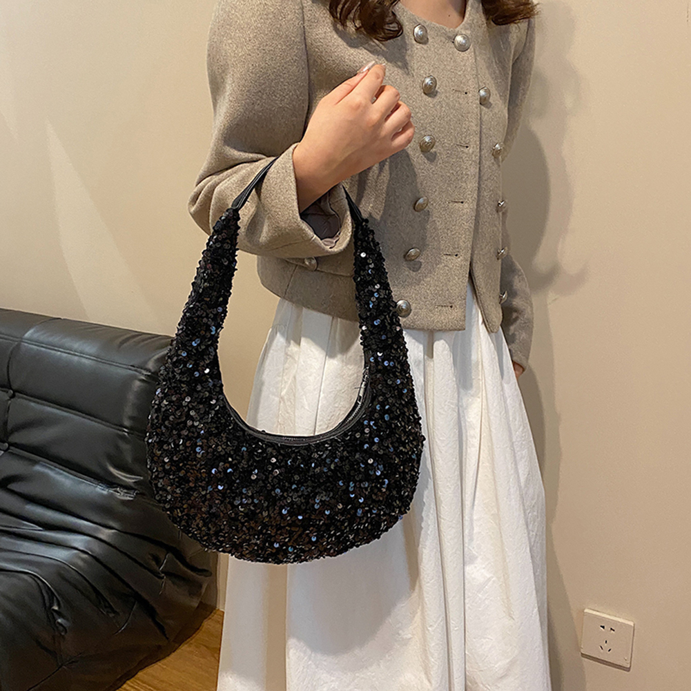 Women Vintage Shoulder Bag 2023 Sparkly Sequin Dinner Bag Ladies Lightweight Party Evening Bag Zipper Closure Solid Underarm Bag