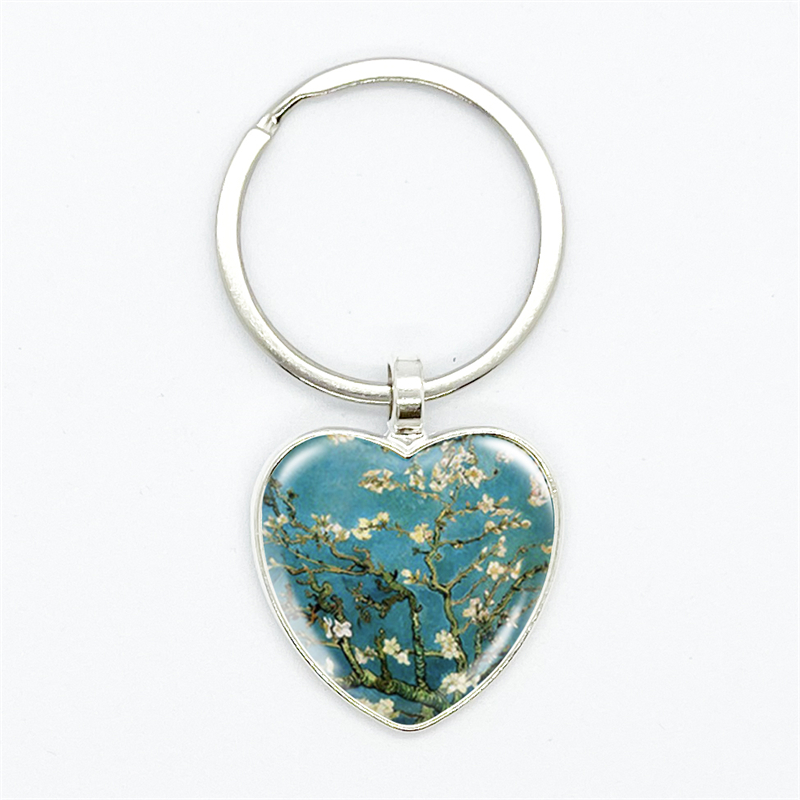 Van Gogh Oil Painting Heart Pendant Keychain Starry Night Art Picutre Glass Gem Key Chains Jewelry for Men Women 68d7b 5