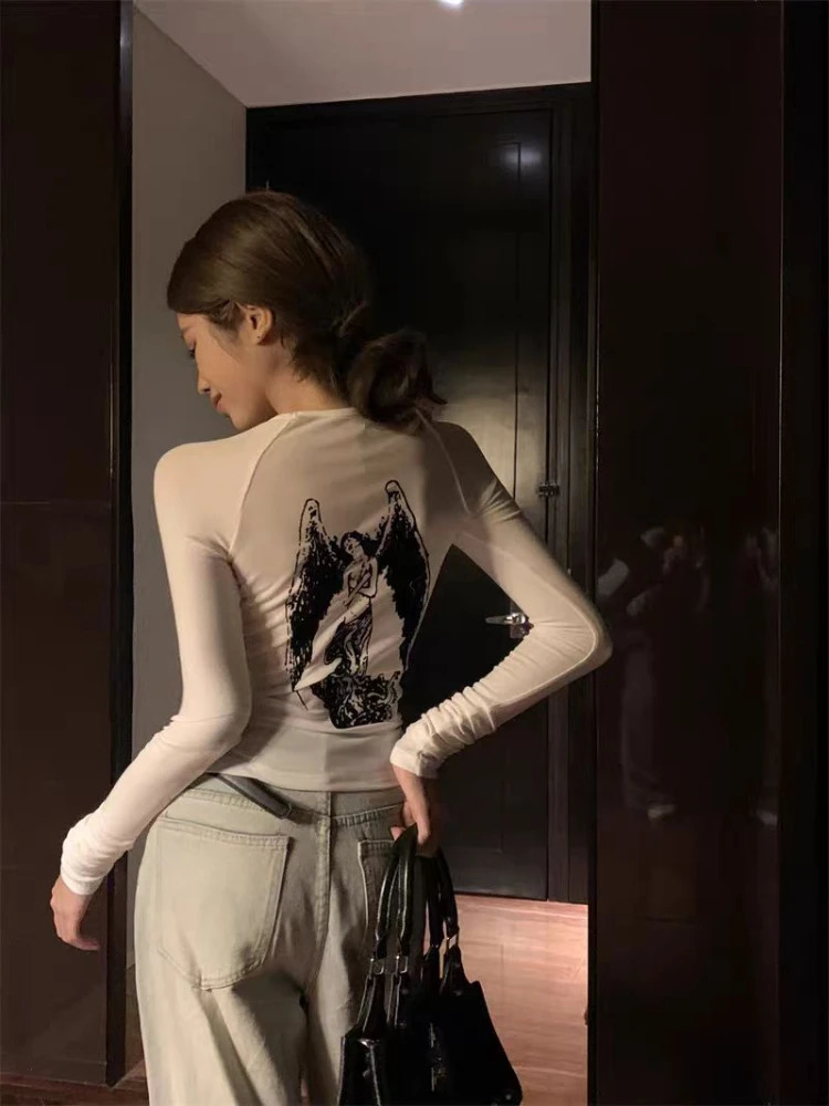 Black Retro Angel Print T-shirt for Women Spring Fashion Slim Fit Tee Shirt Y2k E-Girl Long Sleeve Bottoming Tops Mujer 240409