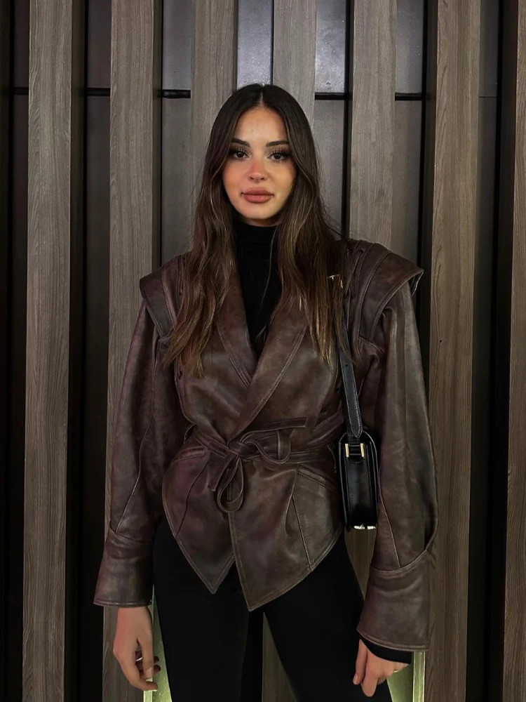 Retro Collar Lace Leather Jacket Womens Fashion Solid Long Sleeve Pocket Short Sleeve Coat Autumn Womens Fashion Street Clothing 241112