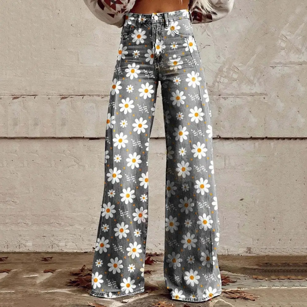 Women Retro Pants High Waist Button Zipper Fly Pockets Long Trousers Digital Floral Print Distressed Straight Wide Leg Pants 241112
