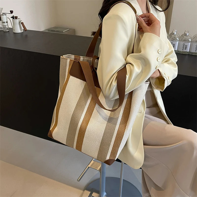 Striped Shoulder Bucket Bags For Women Canvas Fabric Large Capacity Shopping Contrast Color Commute Shopper Handbags 241111