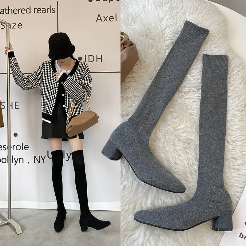 Thigh High Boots Shoes Sock Women's Over-the-knee Elegant Woman Sexy Tights Chunky Heels 2022 Autumn Winter Knitting Long boot