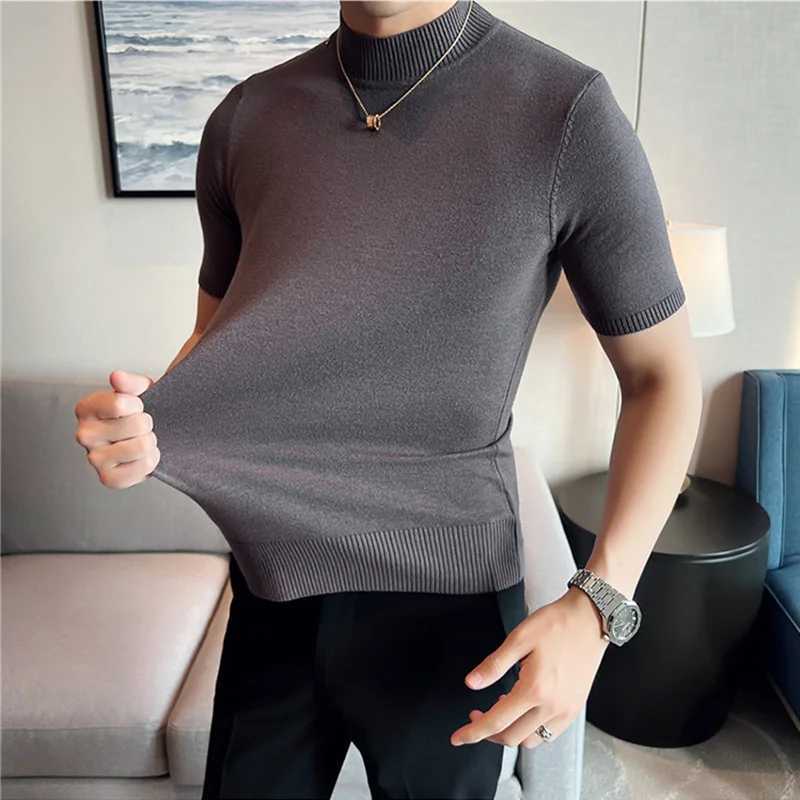 Autumn high-quality short sleeved knitted T-shirt for men ultra-thin solid pull-out half turtle neck casual elastic T-shirt for men W2411111