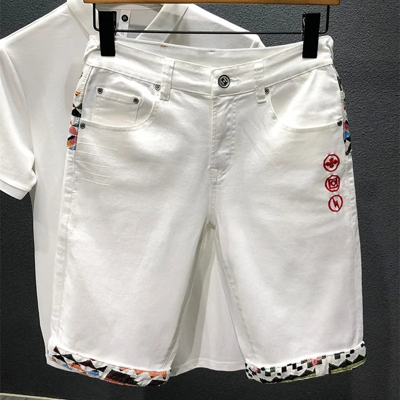 Summer Denim Shorts Mens Stitching Embroidery Ripped Kneelength Shorts White Black Retro Blue Fashion High Quality Jeans 240402