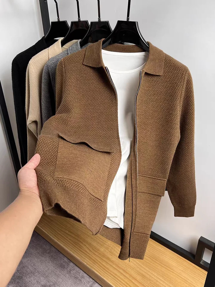 Trendy Mens Knitted Jacket Autumn/Winter Collection Half Zipper Flip Collar Pocket Exquisite Jacquard Casual Coat 241112