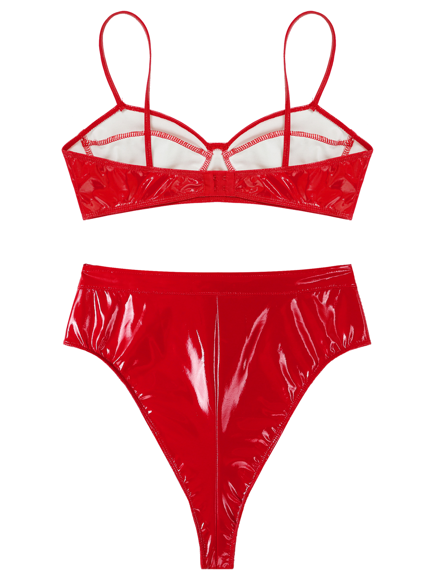 #S-4XL Womens Wet Look Patent Leather Lingerie Set Rave Dance Party Clubwear Latex Bra Top with High Cut Front Zipper Briefs