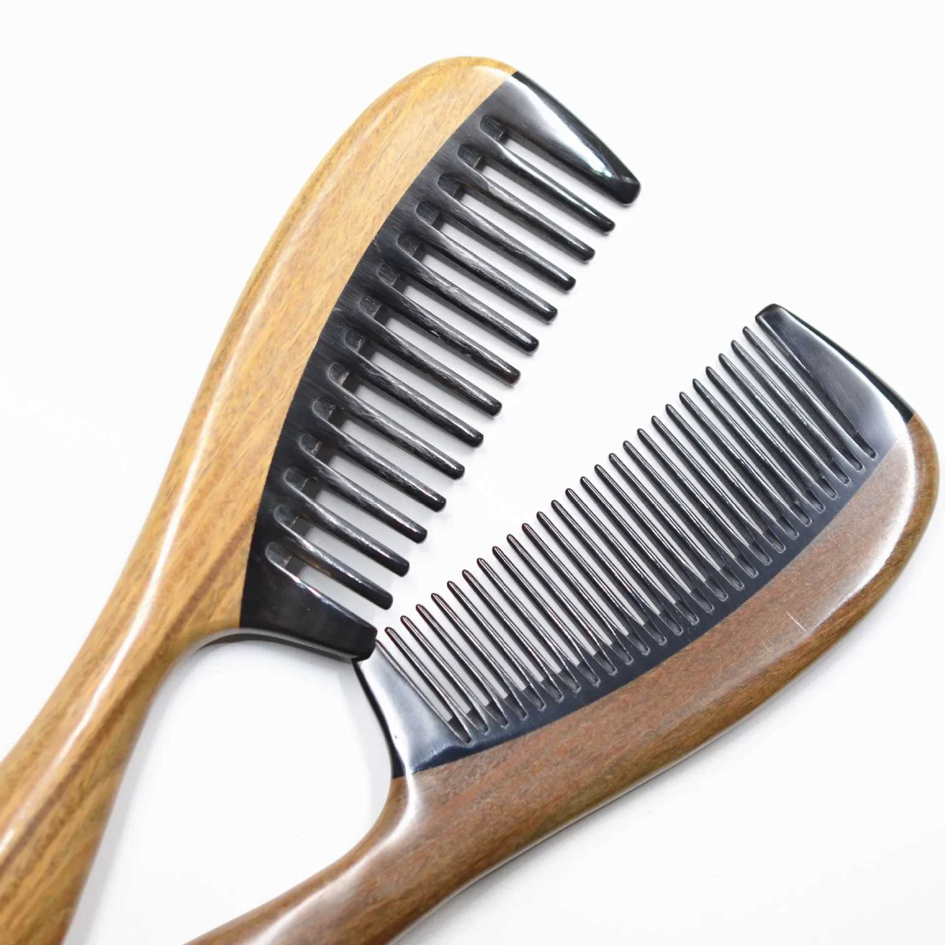 Bull horn green sandalwood comb drum handle wide toothed ebony comb black horn comb W241112