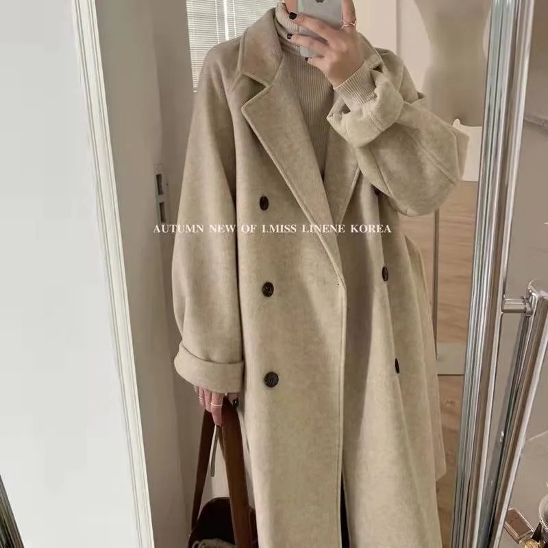 Thick and long wool jacket with waistband Korean autumn and winter collar Abrigos wool blend Chaquetas elegant classic womens vest 241112