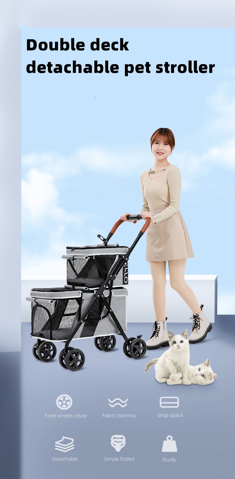 Factory wholesale cheap Dog Cat Double Stroller with Light Weight, Dog Stroller for 2 Small Dogs Traveling