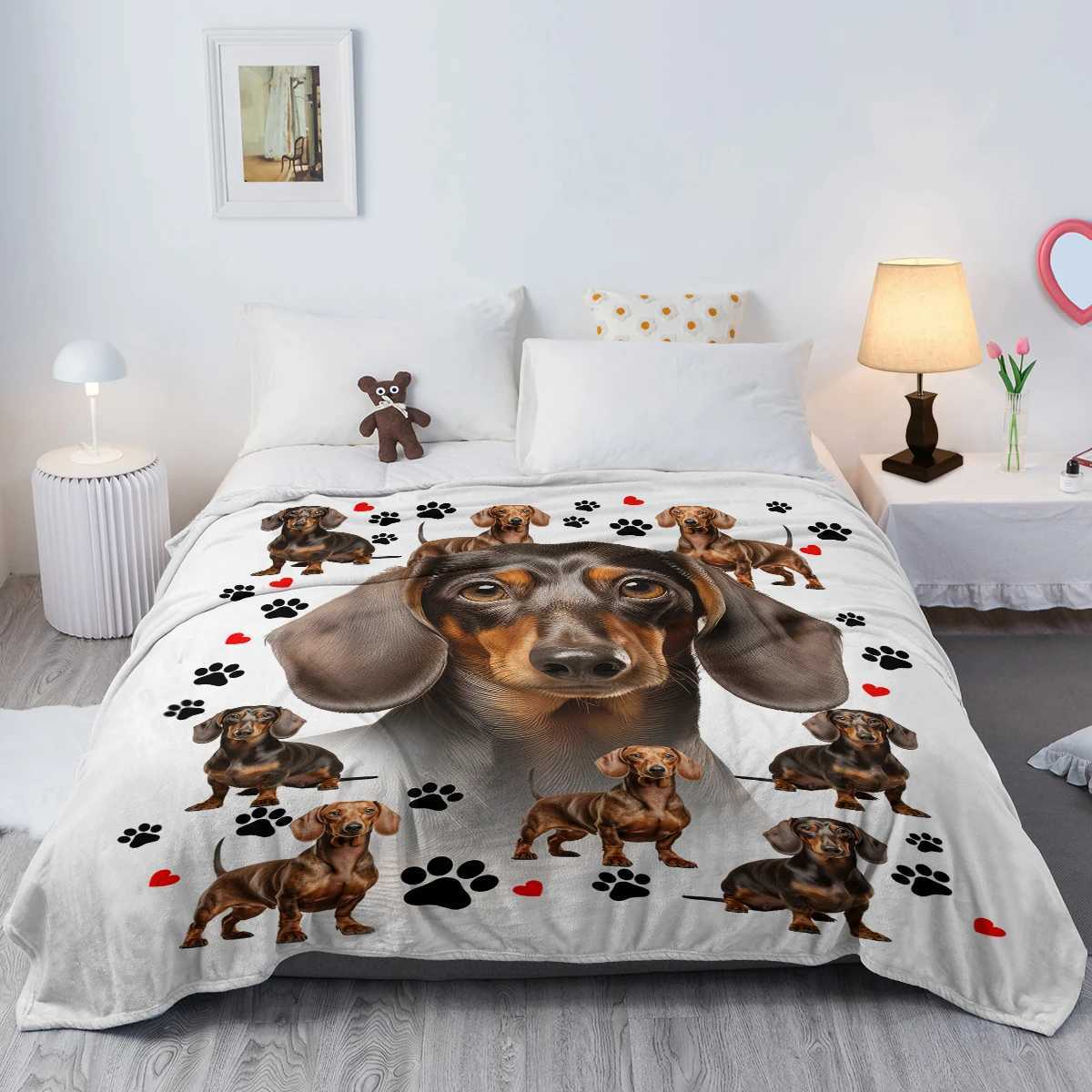 Dachshund Blanket Cute Black and Red Paws Printed Soft Flannel Blanket Warm Cozy Blanket for Teens Adults kidsXJ241111