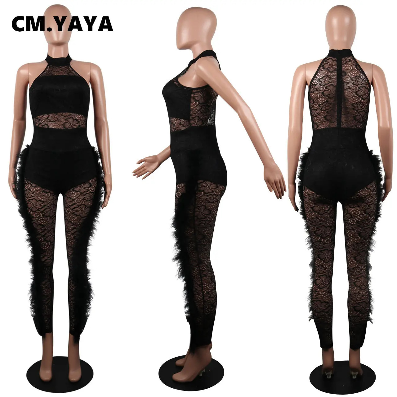 CM.YAYA Fashion Womens Sleeveless Lace See Through Fur Side Tight Elastic jumpsuit Street Clothing Sexy One Piece Set INS Playsuits 241112