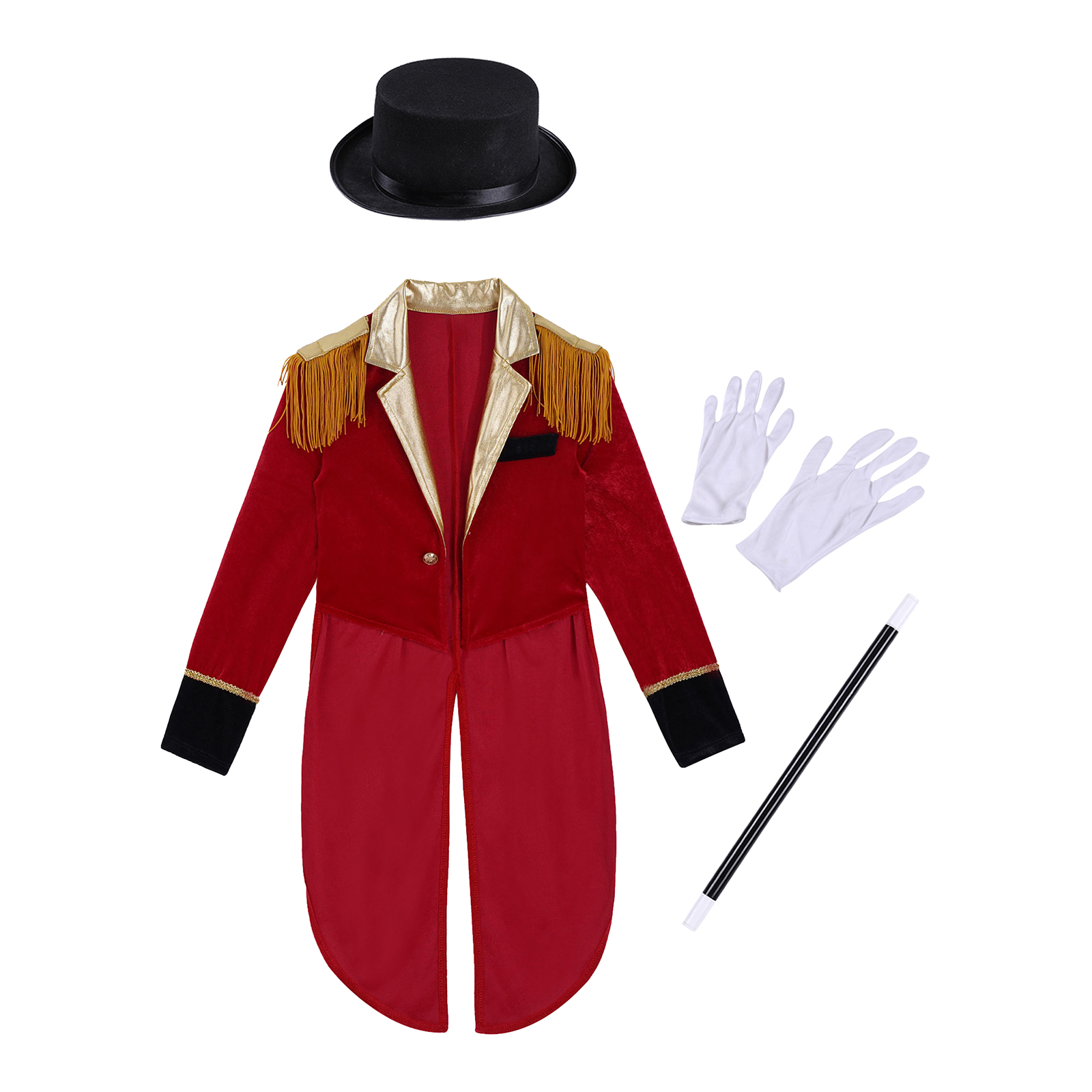 Kids Boys Circus Costume Set Long Sleeve Lapel Tassel Shoulder Tailcoat with Hat Magic Wand Gloves for Halloween Cosplay 76f4f