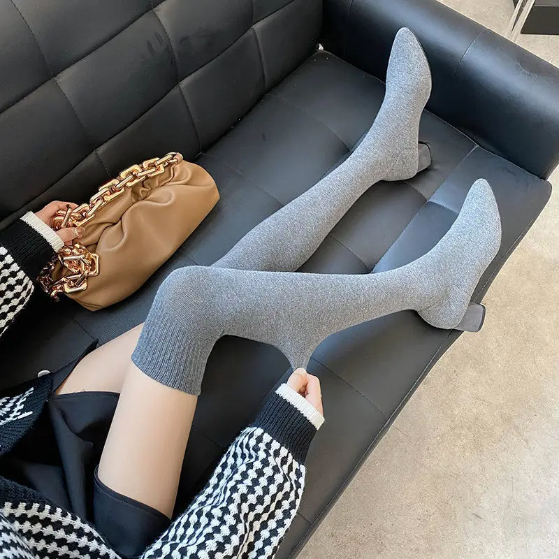 Thigh High Boots Shoes Sock Women's Over-the-knee Elegant Woman Sexy Tights Chunky Heels 2022 Autumn Winter Knitting Long boot