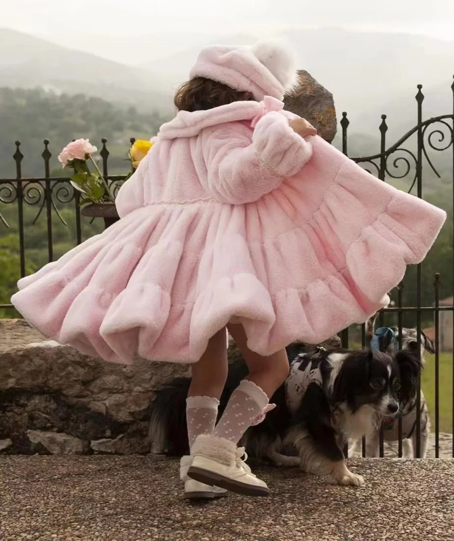 1-12Y Baby Girl Autumn Winter Pink White Fur England Spanish Red Velvet Princess Wool Coat for Casual Eied 241028