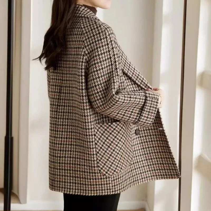 Plain weave womens wool blend coat autumn winter coat Korean fashion medium long jacket loose collar coat fashion top 241111