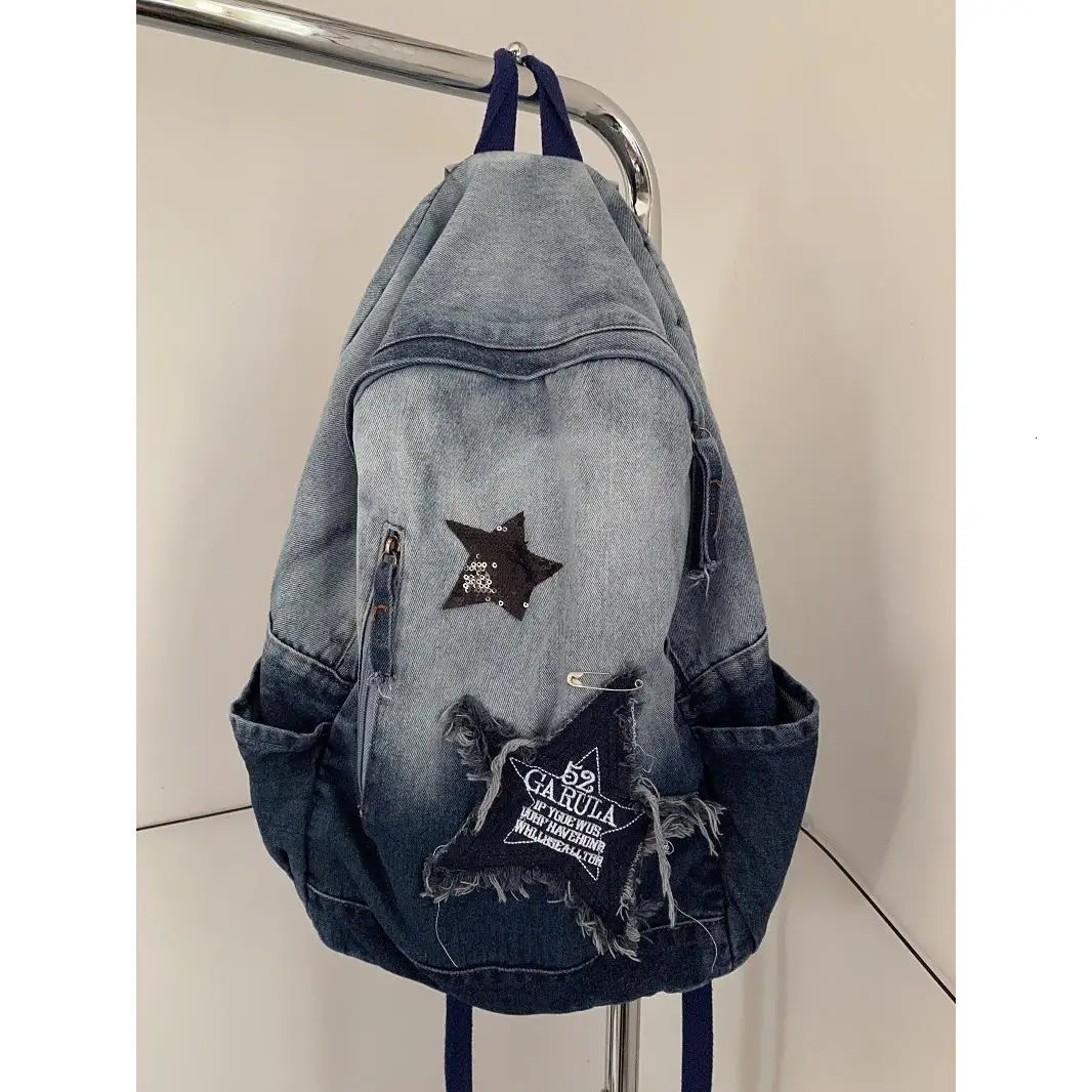 Womens Y2k backpack Korean style denim school bag womens star pattern teenage student backpack book embroidery bag 241111