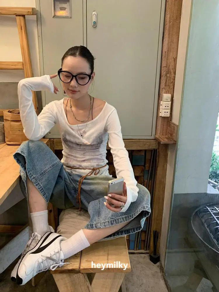 Tawaaiw Fairycore Graphic T-shirt long sleeved Korean fashion 2000s clothing Y2k autumn top fashionable womens T-shirt 241112