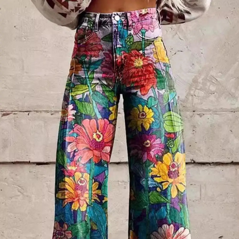 Women Retro Pants High Waist Button Zipper Fly Pockets Long Trousers Digital Floral Print Distressed Straight Wide Leg Pants 241112