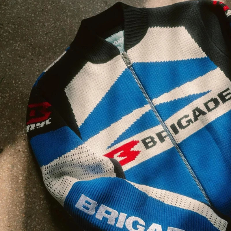 Y2K Vintage Jackets Motorcycle Knit Mesh Graphic Zip Streetwear Men Women Retro Classic Trend Oversized Unisex Clothing 241112