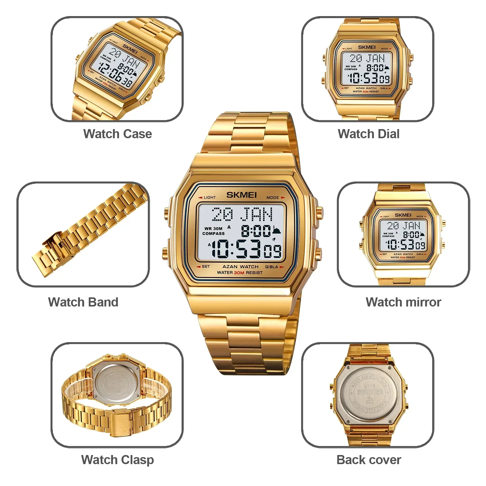 SKMEI Back Light Display Stopwatch Sports Watches Mens Muslim Prayer Azan Compass Alarm Hijri Islamic Digital Wristwatches 2113