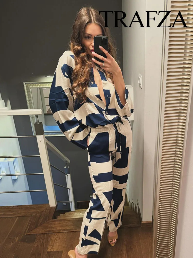 TRAFZA Spring Women Suits Geometric TurnDown Collar Long Sleeves Single Breasted ShirtsElastic Waist LaceUp Wide Leg Pants 240412