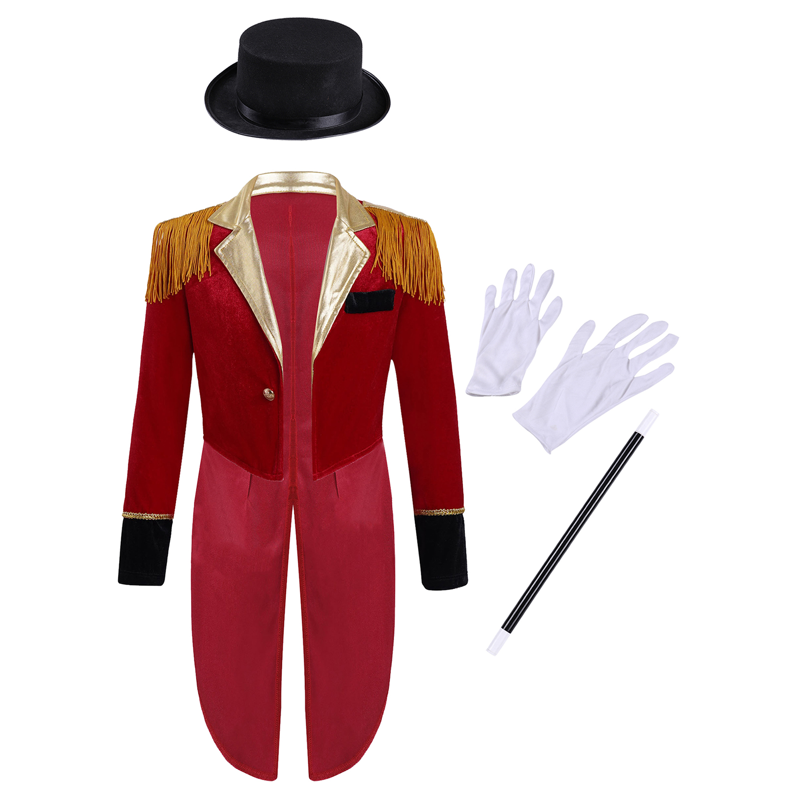 Kids Boys Circus Costume Set Long Sleeve Lapel Tassel Shoulder Tailcoat with Hat Magic Wand Gloves for Halloween Cosplay 76f4f