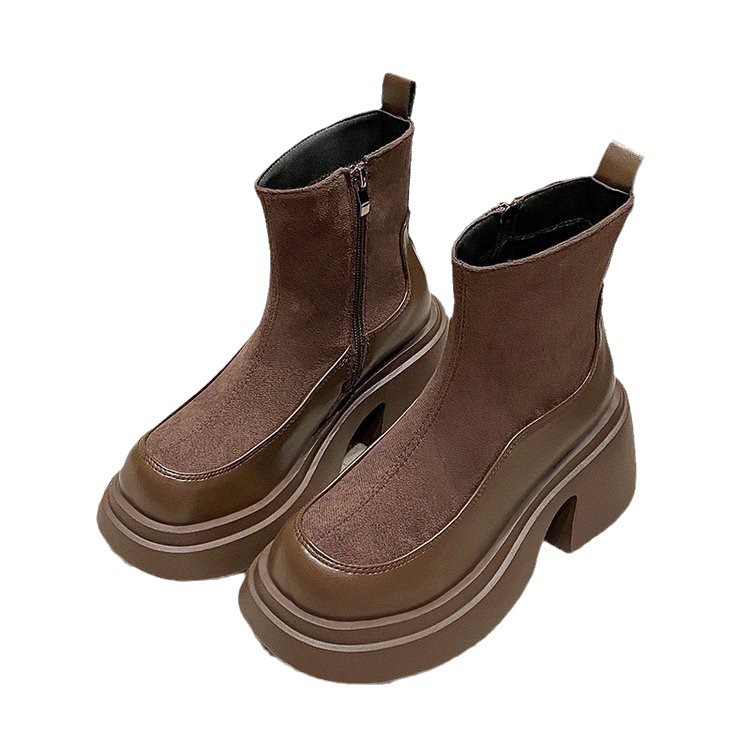 Women's Retro Thick Soled Versatile Suede Patchwork Short Boots Free Shipping.