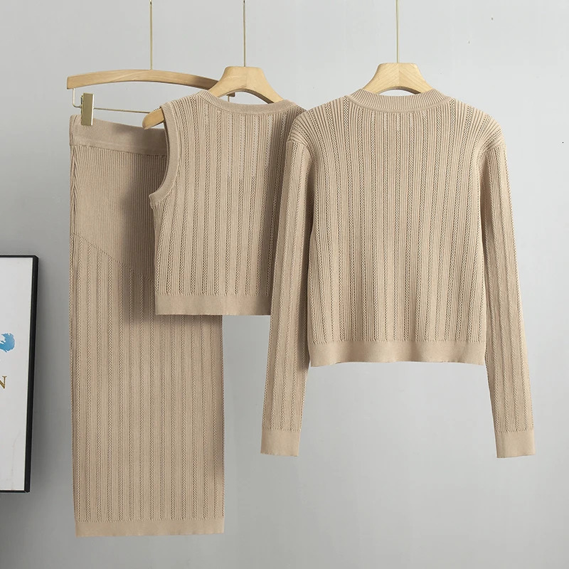 Spring Hollow Knitted Set Elegant 3-Piece Womens Set Womens Coat Korean Fashion Sweater Womens Set 241112