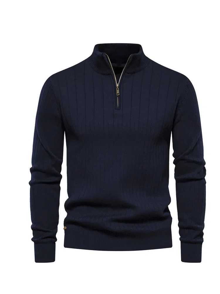 Fashionable street zipper turtle neck sweater mens casual long sleeved knitted pull-out 2024 winter solid bottom cashmere jumper W2411111