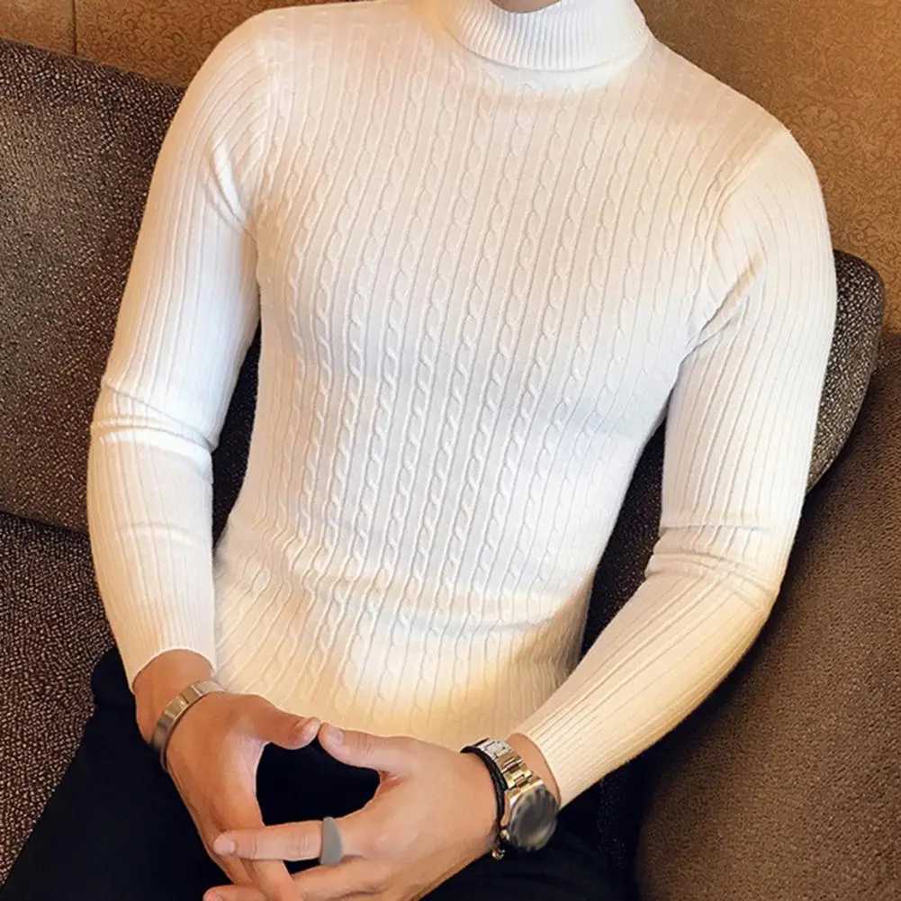 Autumn and Winter Mens Top Collar Sweater Warm Knitted Floral Korean Solid Color Casual Slimming Sweater Mens Bottom Sweater W2411111