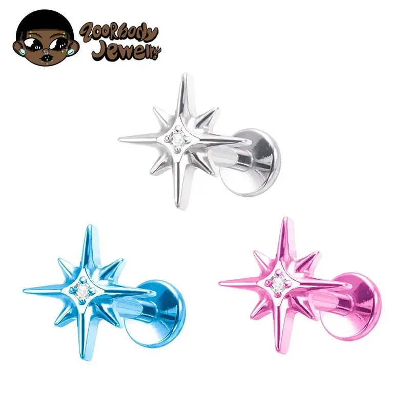 G23 Titanium Piercing 16G Sparkling CZ North Star Stud Earring Labret Cartilage Tragus Helix Conch Lobe Piercing Body Jewelry