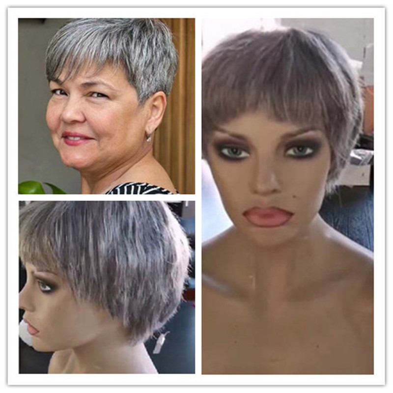 Cute quality Silver grey pixie cut bob full lace wigs salt and pepper wig short human black white highlight gray lace closure wig hd hand custom made 