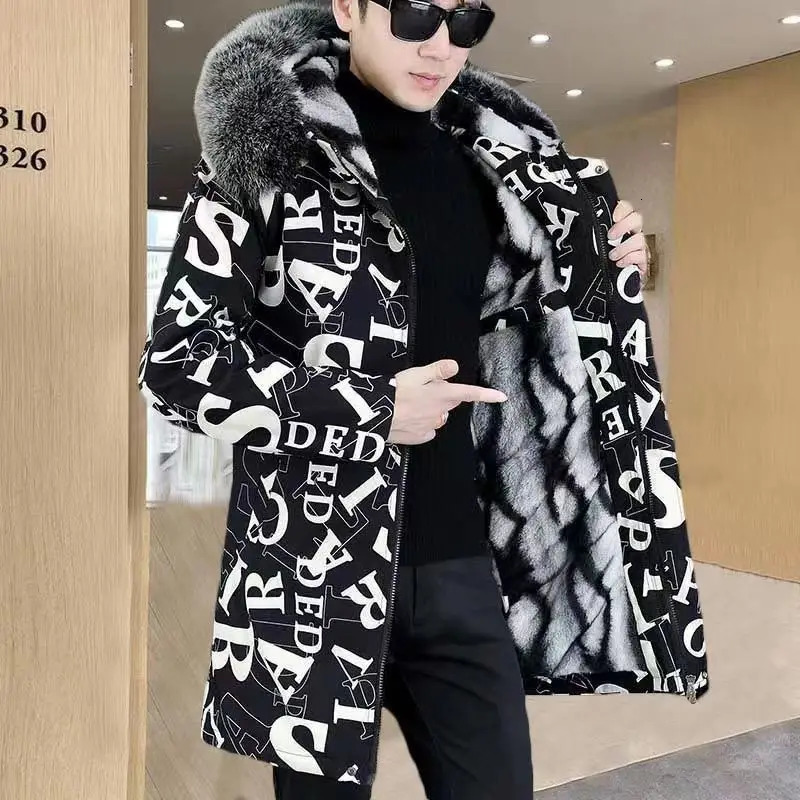 CottonPadded Coat Winter Jacket Mens Parkas ashionable MidLength Thickened Letter Print Fur collar 241108