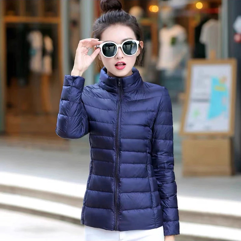 Womens 90% white duck down jacket womens ultra-thin duck down jacket autumn warm vertical collar hiking portable 241112