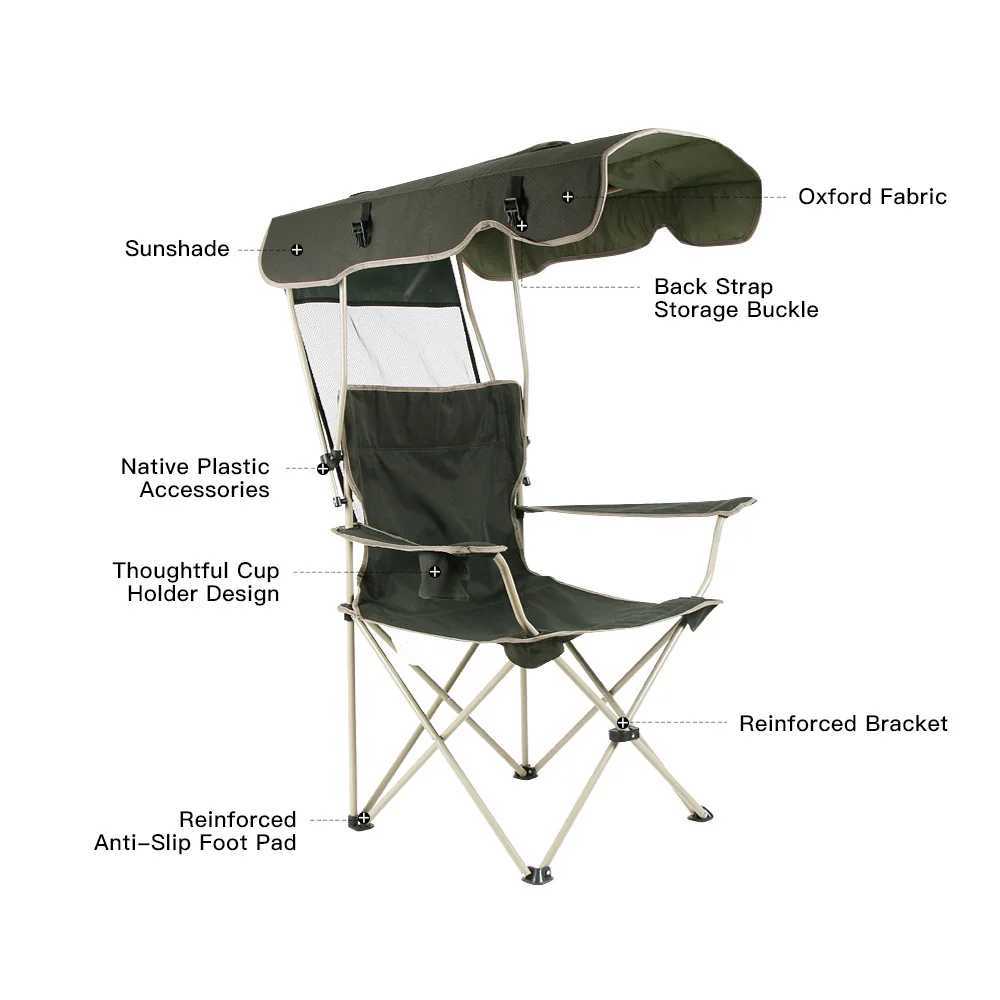 Portable folding chair with covered sunshade beach chair camping chair lawn chair outdoor activity anti slip foot padW241111