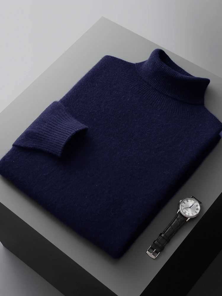 Autumn Mens Turtle Neck Solid Color Long Sleeve Warm Pulling 00% Merino Wool Knitted Sweater High end Commercial Thick Top W2411111
