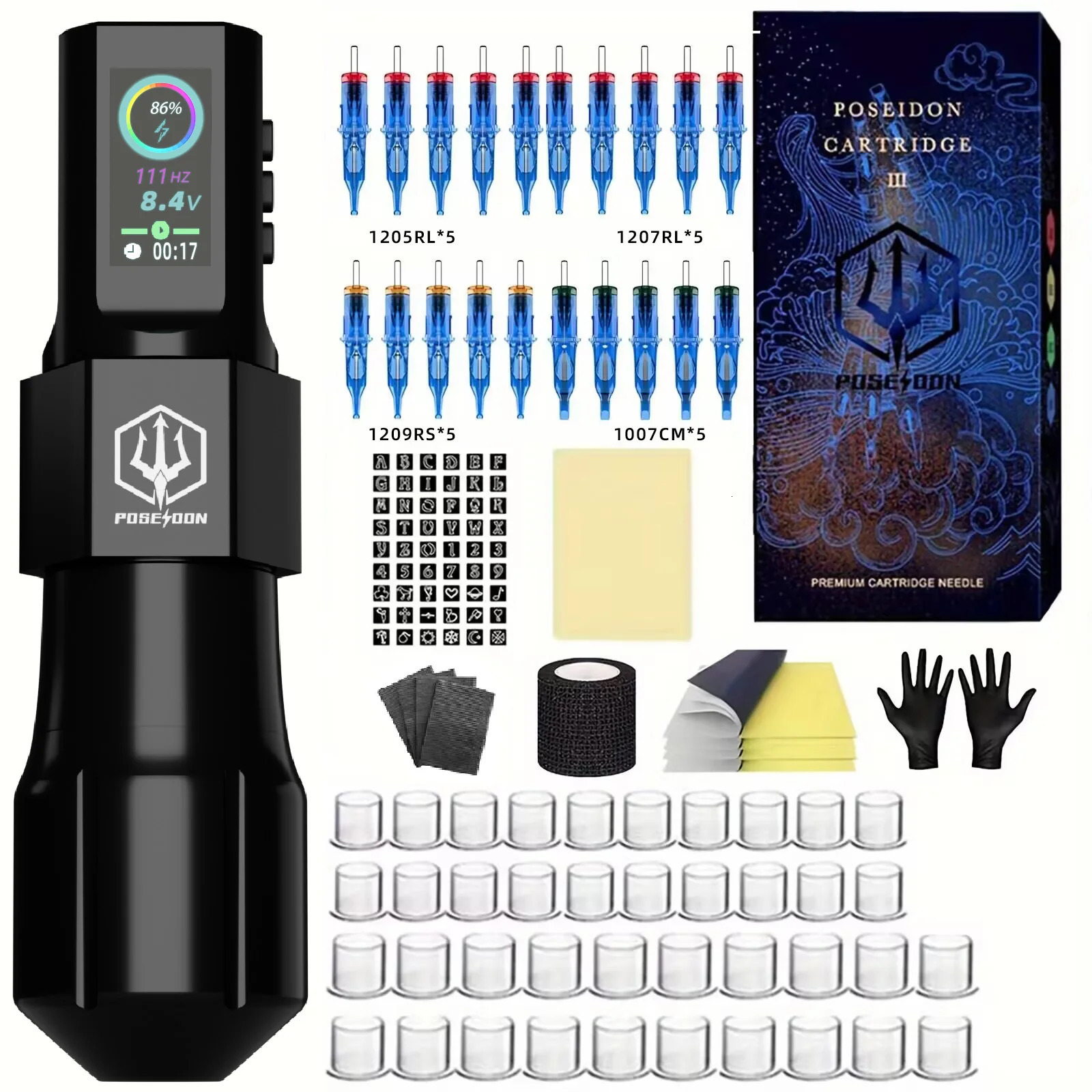 Tattoo Kit POSEIDON Cool Tattoo Pen Kit for Permanent Makeup Tattoo Machine Tattoo Kit Wireless Tattoo Power Tattoo Gun Kit 241112