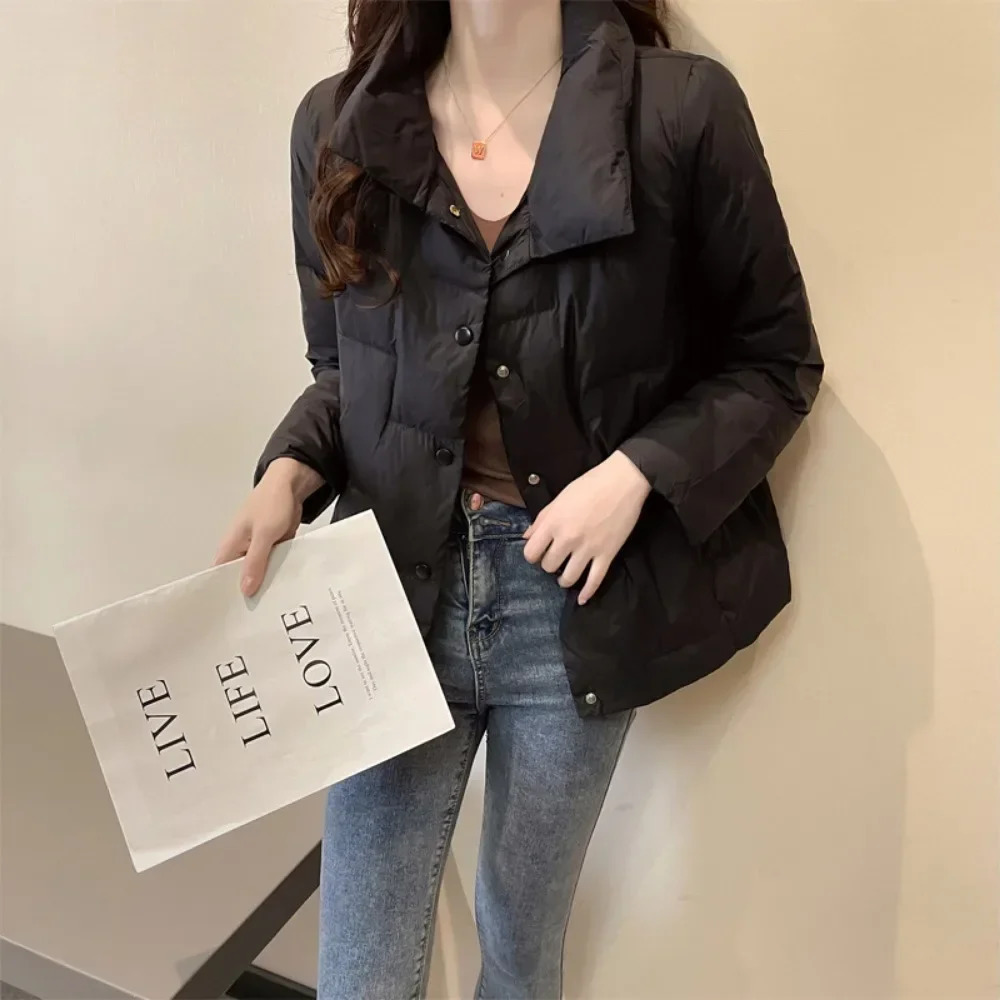 Solid Vertical Collar Inflatable Jacket for Womens Autumn and Winter Down Jacket for Womens Plain weave Ultra light White Duck Down Coat for Warmth 24