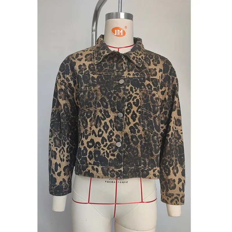 Benuynfy fashion leopard print washed denim jacket womens clothing autumn button casual street clothing short denim jacket 241112