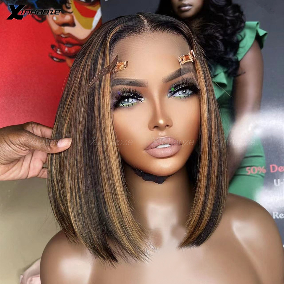 13x6 Bob Wig 4/30 Straight Lace Front Wig Transparent Lace 5x5 Silk Top Wigs Highlight Brown Colored Human Hair Wig 180 Density 5e63c