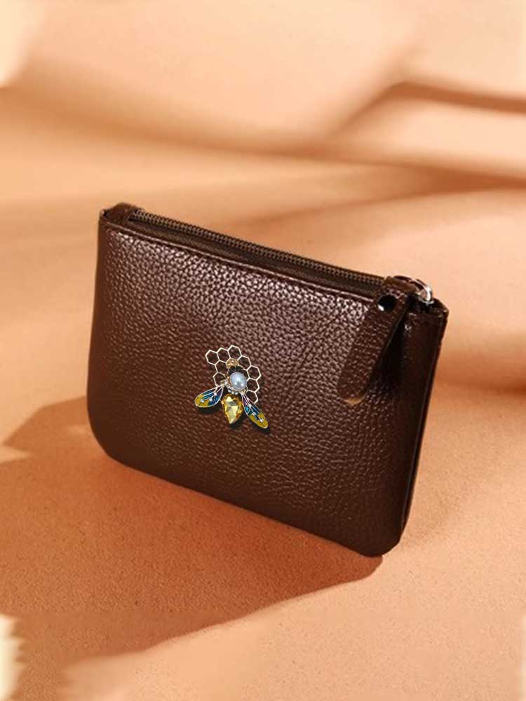 Key Wallets PU Leather Female Scratch-Resistant Decor Pearls Crystals Light Gold & White 3d2ba
