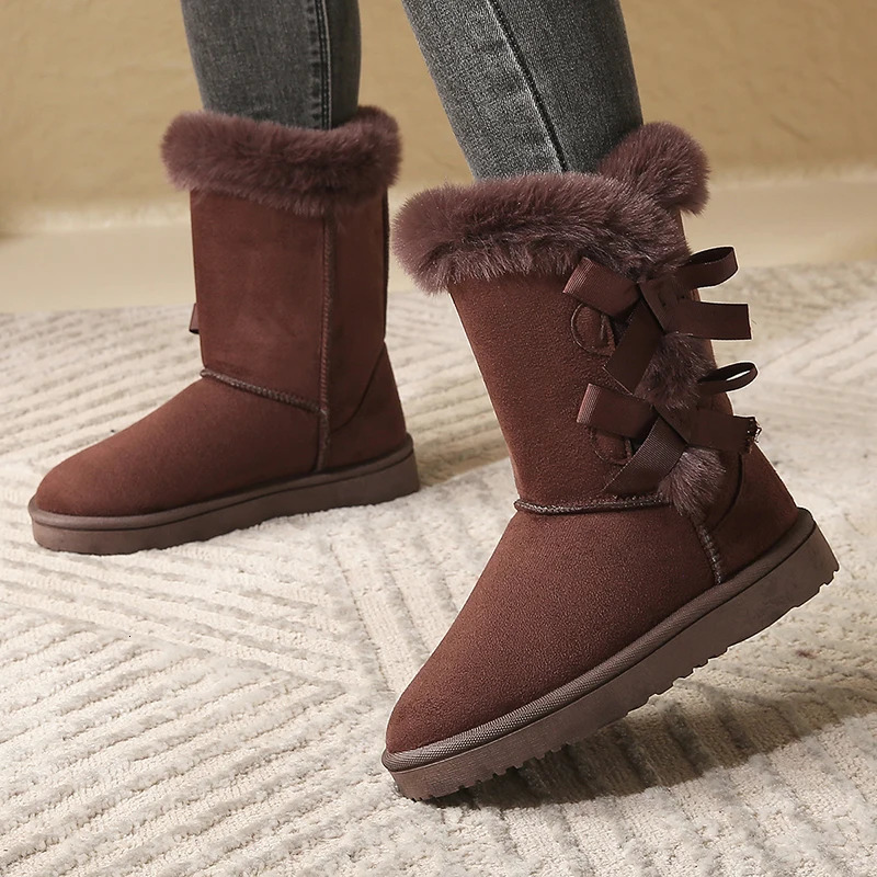 Women Flock Fluffy Suede Snow Boots Cute Butterfly Round Toe Warm Boots Autumn Winter Thick Sole Platform Cotton Shoes 241112