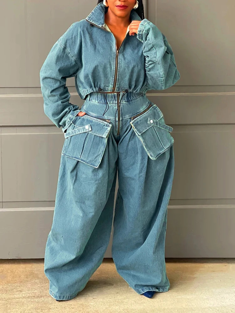 CHICEVER Streetwear Retro Cowboy Jacket Womens Stand up Collar Long Sleeve Splicing Work Zipper Autumn Casual Loose Jacket Womens 241112