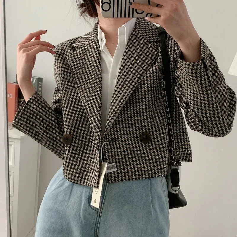 Spring Autumn Vintage Plaid Crop Blazer Top Chic Elegant Office Clothing Lady Streetwear Suit Jacket Women Double Breasted Coats 241112