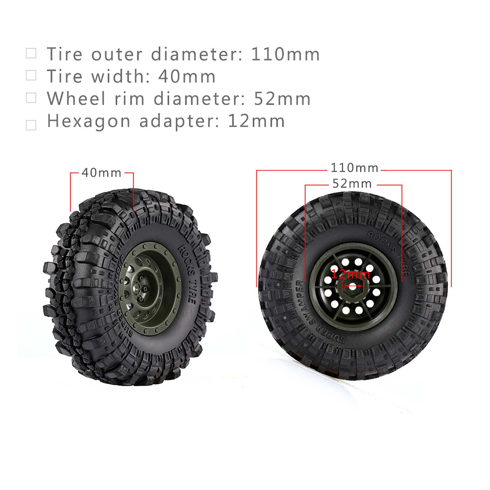 4pcs AUSTAR 110mm 1.9 Inch Rim Rubber Tyre Tire Wheel for 1/10 RC Car Traxxas HSP Redcat RC4WD Tamiya Axial SCX10 D90 HPI 128bb