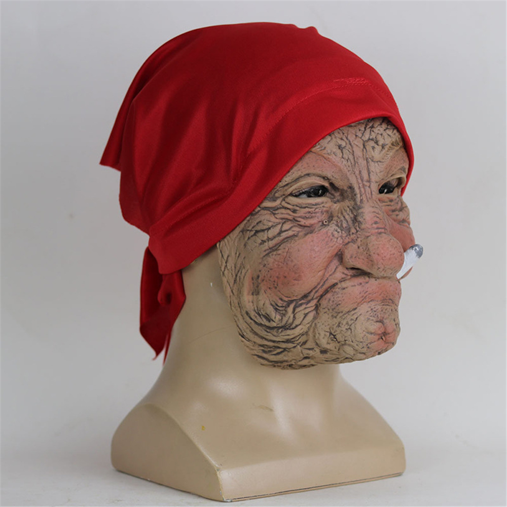 Funny Smoking Granny Old Nana Latex Mask Cosplay Lady Grandma With Wrinkled Face and Red Scarf Halloween Party Costume Accessor b7311