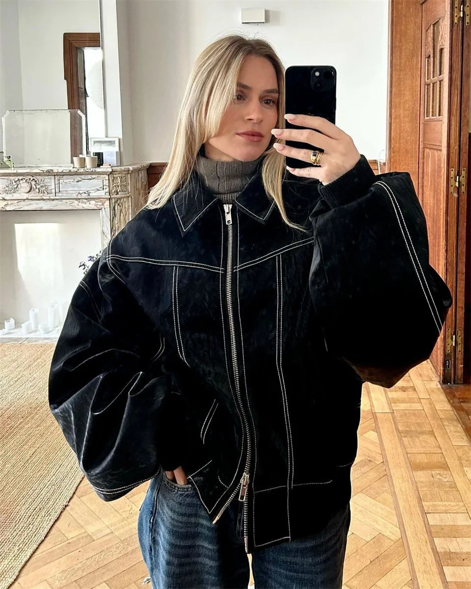 Womens Retro Solid Red Leather Splicing Zipper Jacket Casual Fashion Collar Long Sleeve Cool Jacket Womens Autumn Jacket 241111