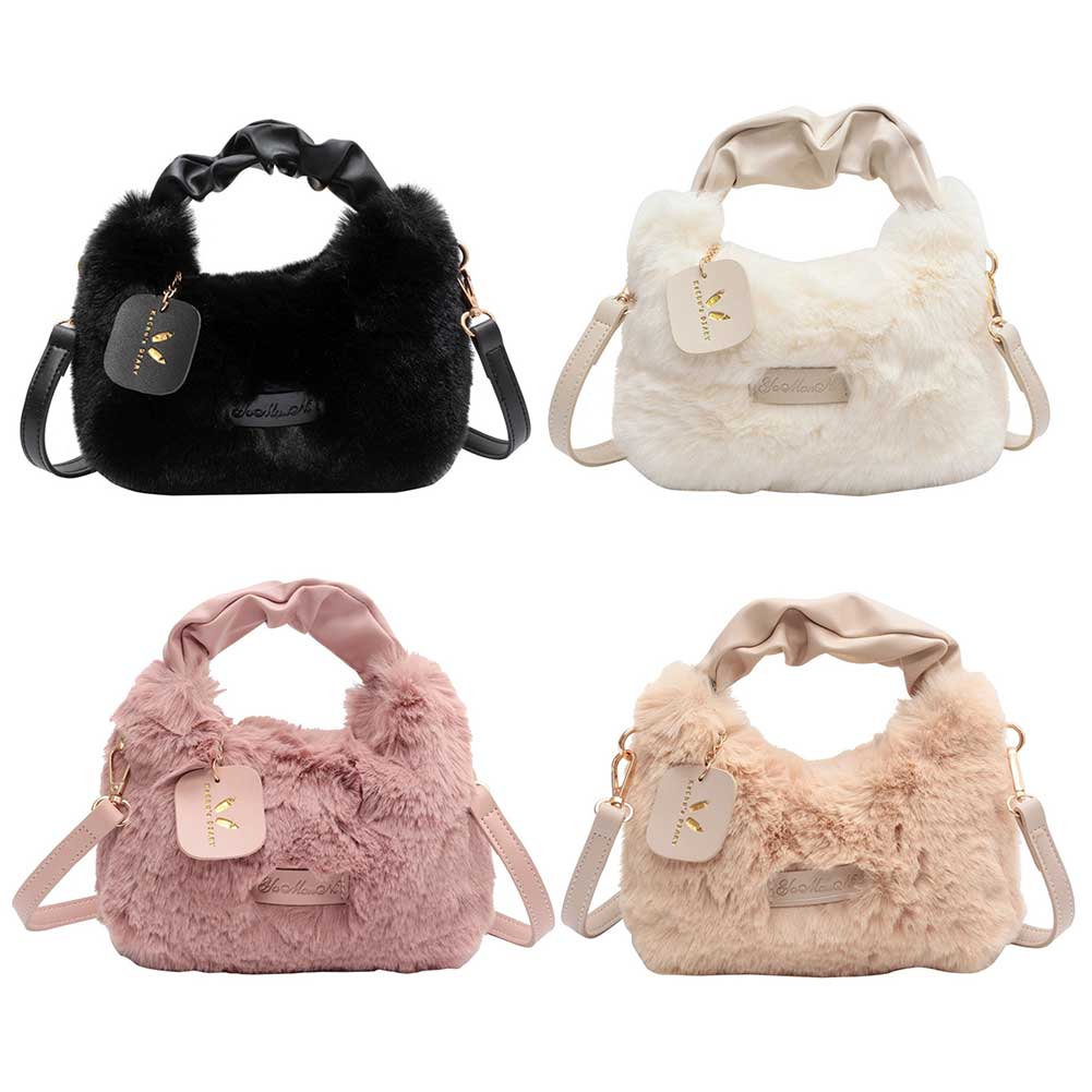 Women Plush Top-Handle Bag Solid Color Furry Satchel Bag Adjustable Shoulder Strap Comfortable Ladies Girls Trendy Bag